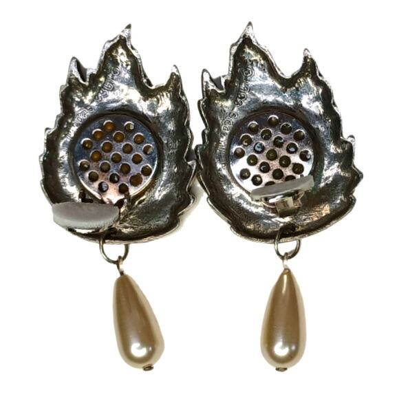 Vintage Seagull Pewter Leaf Earrings 1988 Signed Pearl Drop Dangle - Picture 3 of 7